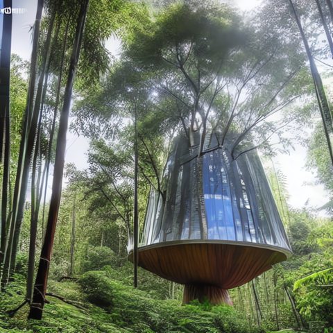 Stable Diffusion AI picture with these prompts

A home office that is built inside a giant tree, with large windows that offer a view of the surrounding forest. The office would be constructed using sustainable materials such as bamboo or recycled plastic, and would feature a state-of-the-art communication and computing system.