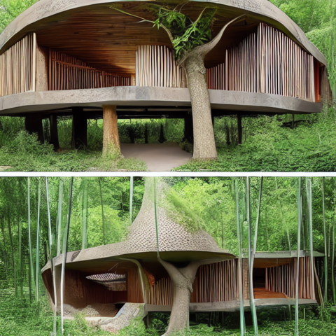 Stable Diffusion AI picture with these prompts

A home office that is built inside a giant tree, with large windows that offer a view of the surrounding forest. The office would be constructed using sustainable materials such as bamboo or recycled plastic, and would feature a state-of-the-art communication and computing system.