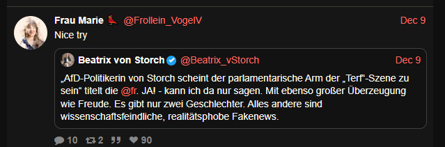 Frollein_VogelV retweetet Beatrix von Storch und schreibt oben drüber Nice try.