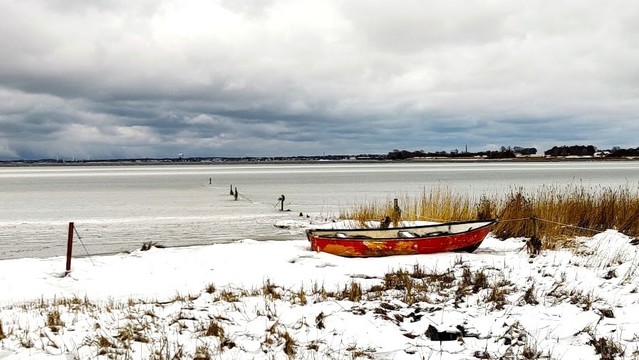 Robåd ved kysten i snevejr