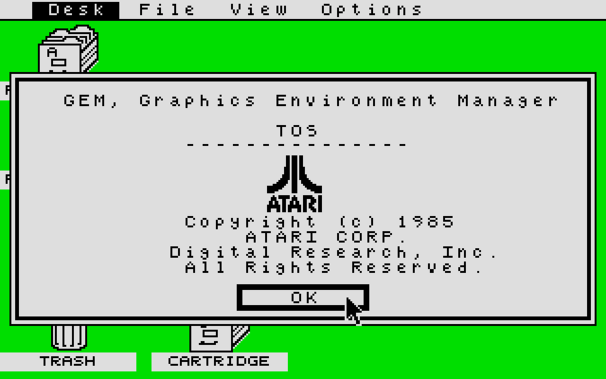 Screenshot of the GEM About dialog the Atari ST using The Tatung Einstein font
