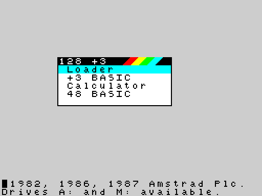 Screenshot of the on-screen menu on the ZX Spectrum +3 using The Tatung Einstein font