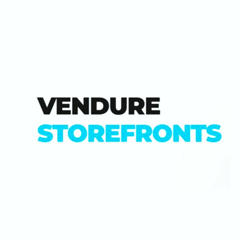 Black text: Vendure
Cyan text: Storefronts
Background: white.