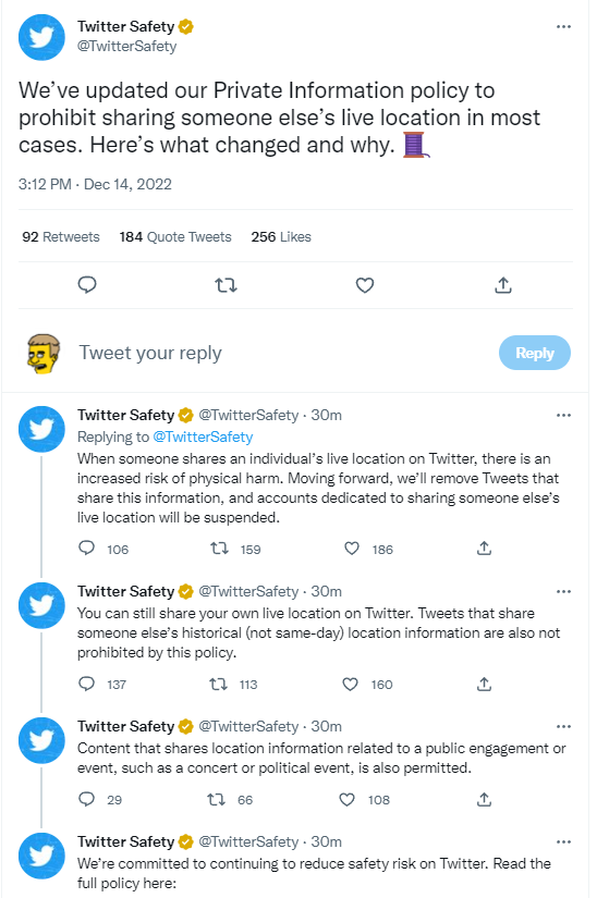 Tweet thread of "TwitterSafety" trying to explain its unexplainable new policy on tweeting private information.