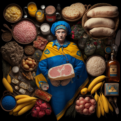 Image of Ukrainian surrounded by food. 