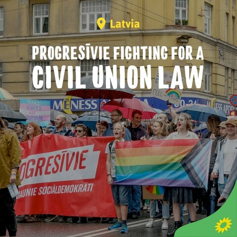 Photo of Progresivie at Pride, with the title "Latvia: Progresivie fighting for a Civil Union Law"