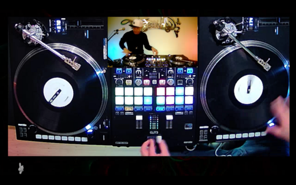 Screen shot of a browser viewing DJ Q*Bert skratchin a live stream on  https://twitch.tv/djqbert

Q is using a Reloop ELITƎ mixer and two custom Reloop (https://www.reloop.com/) RP-8000MK2 turntables with straight tonearms modified by Jesse Dean Designs (https://jessedeancustoms.com/).