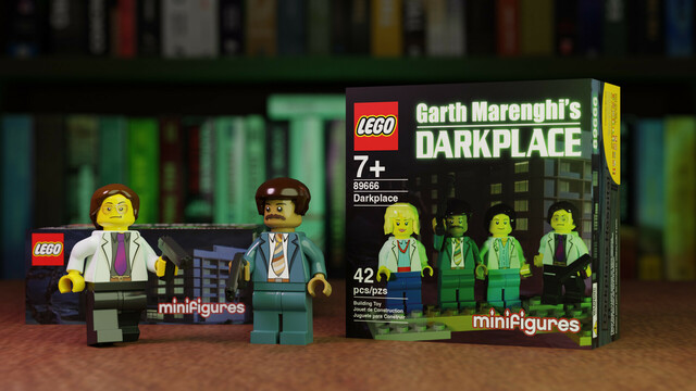 LEGO minifigs of Dr Rick Dagless M.D. and Thornton Reed, next to packaging for Darkplace minifigs