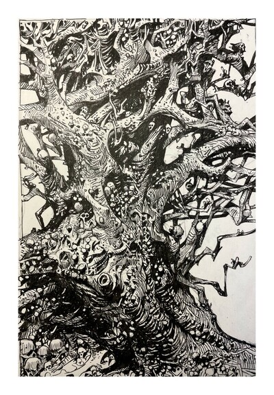 Ink drawing of a tree. 