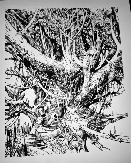 Ink drawing of a tree. 
