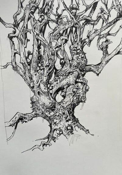 Ink drawing of a tree. 