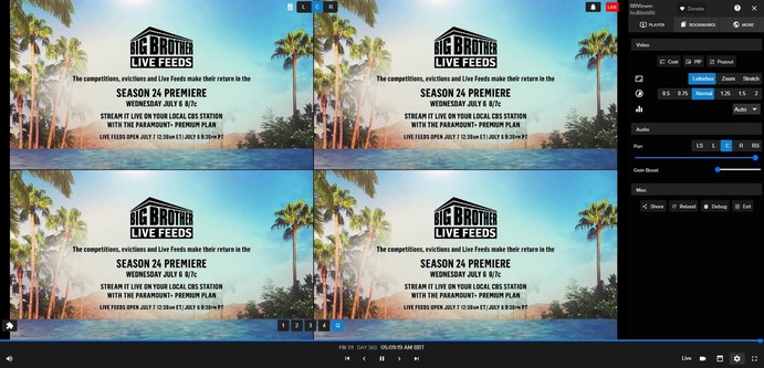 Screenshot of the BBViewer chrome extension in use to watch Big Brother live feeds