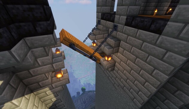 Minecraft screenshot: an elevated drawbridge connecting two parts of a castle very high above the surrounding terrain. 