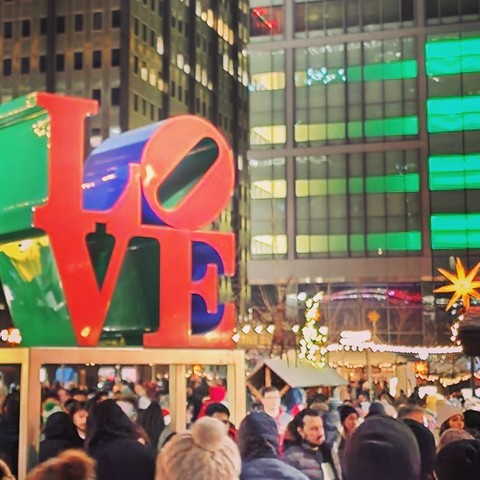 The LOVE monument in downtown Philadelphia at night