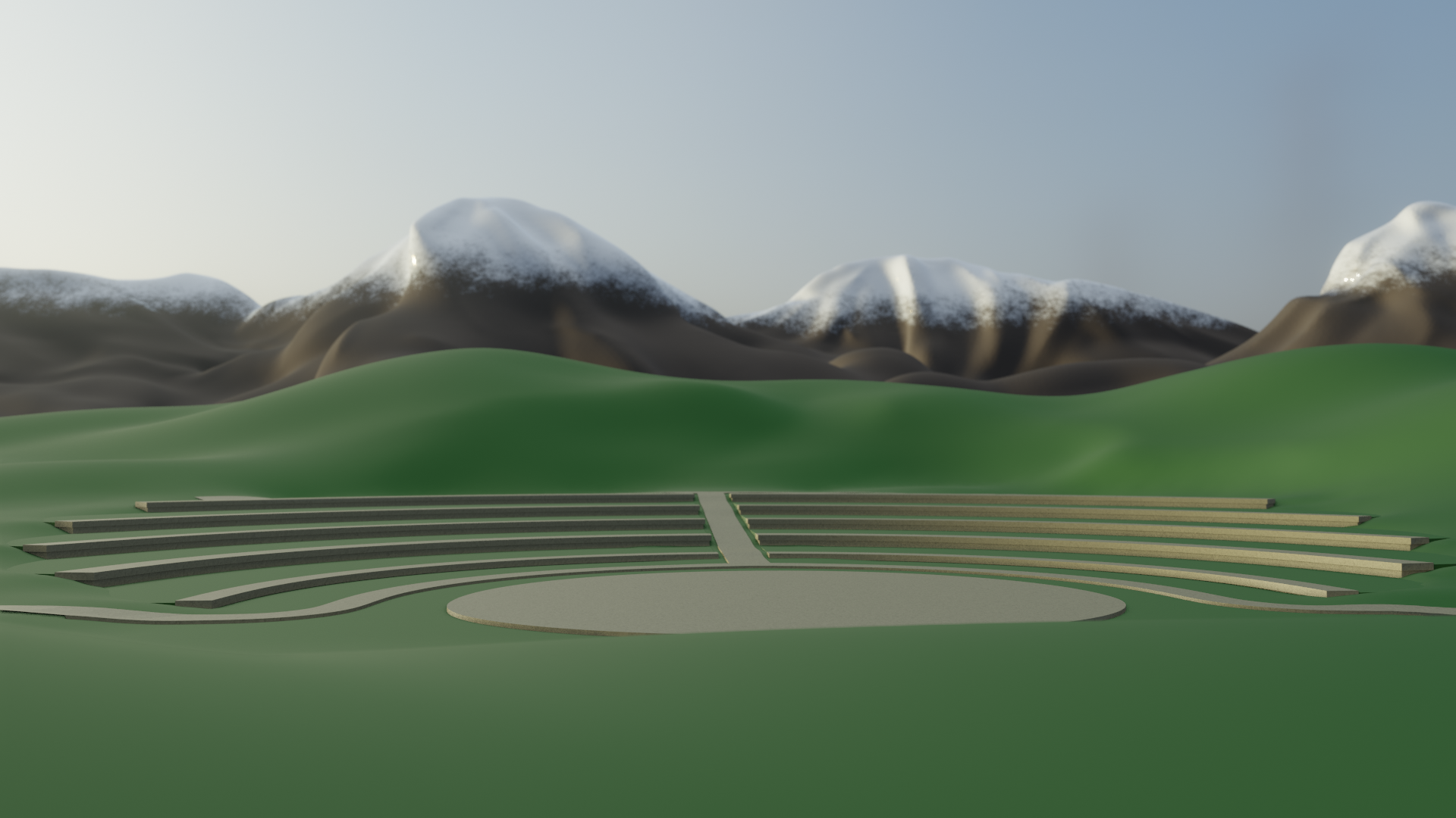 A 3D scene of an outdoor amphitheatre nestled within green hills with snow topped mountains in the background 