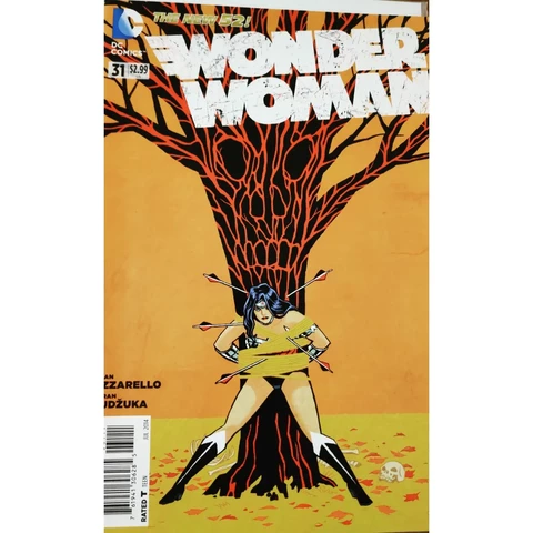 Wonder Woman tied to a tree with arrows shot into her like Saint Sebastian.