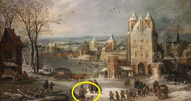 A painting from Joos de Momper the Younger, a Flemish painter active in Antwerp between the late 16th century and the early 17th century, in which a street seller is selling paper crowns. 