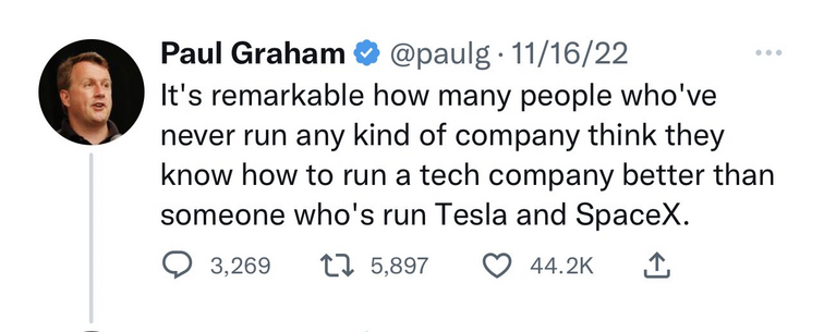 Screenshots of two tweets by Paul Graham. The first one mocks people for insinuating that "someone who's run Tesla and SpaceX" can't run a tech company. The second one says "This is the last straw. I give up." It contains a link to his new Mastodon profile.