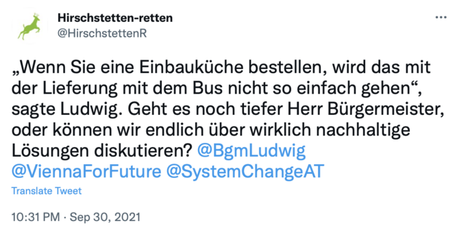 Screenshot from Twitter
„Wenn Sie eine Einbauküche bestellen, wird das mit der Lieferung mit dem Bus nicht so einfach gehen“, sagte Ludwig. Geht es noch tiefer Herr Bürgermeister, oder können wir endlich über wirklich nachhaltige Lösungen diskutieren? 
@BgmLudwig
@ViennaForFuture
@SystemChangeAT