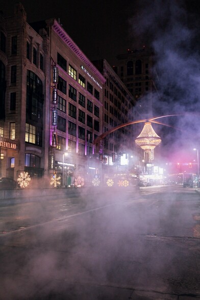 Hazy nighttime views of Cleveland's theater district, Playhouse Square.