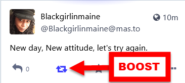 Screen capture of post with an arrow marking the boost option