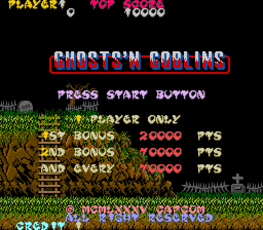 Screenshot of Ghosts 'n Goblins in the Arcade using the FiveWays font