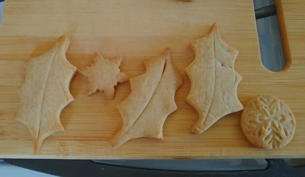 Five cookies are shown, all a light beige colour. Three are holly leaves one is a small snowflake, the last is a disk with a snowflake impression.