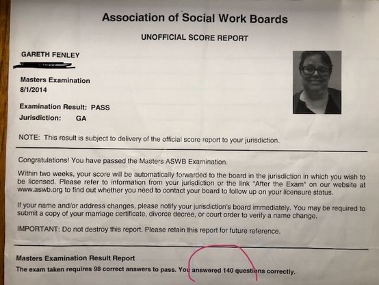 Score report from the Association of Social Work Boards licensing exam showing that Gareth Fenley passed with a score of 140 correct answers.