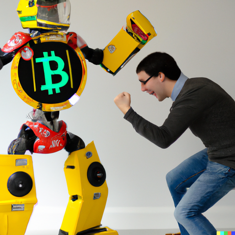 AI-generated image of a college student fighting a yellow robot with the Bitcoin logo on its chest.