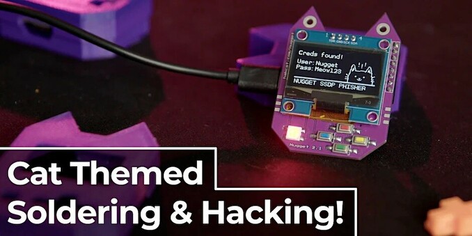 photo of a cat-shaped circuit board with OLED display showing WiFi information. at the bottom of the image the text "Cat Themed Soldering & Hacking!" appears