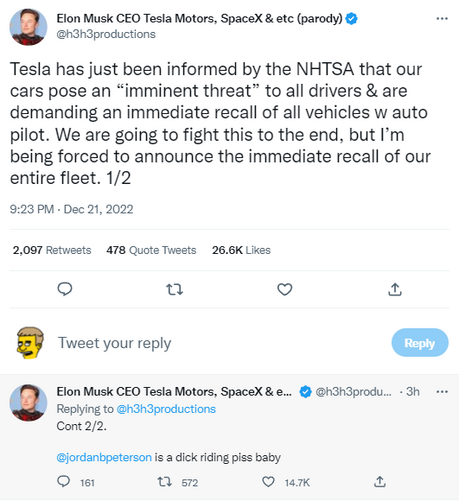 h3h3 Productions tweet pretending to be Elon Musk, saying that he's recalling all Teslas...