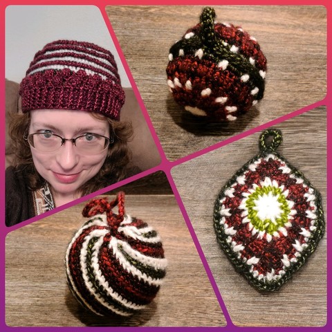 An angled photo collage with four pictures of hand crocheted items in red, white, and green yarn.  Three of Christmas tree ornaments and one of a Christmas themed hat on my head.