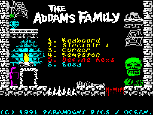 Screenshot of The Addams Family on the ZX Spectrum using Simpsons Arcade font