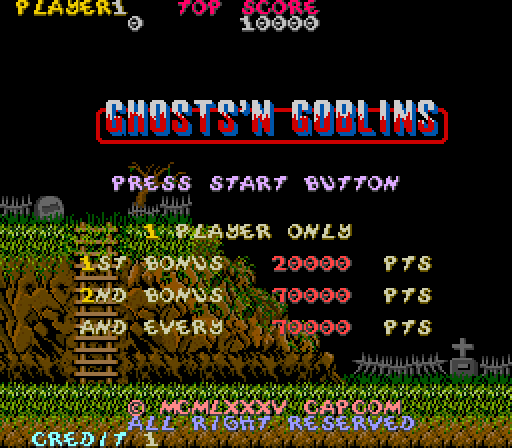 Screenshot of Ghosts 'n Goblins in the Arcade using the Simpsons Arcade font