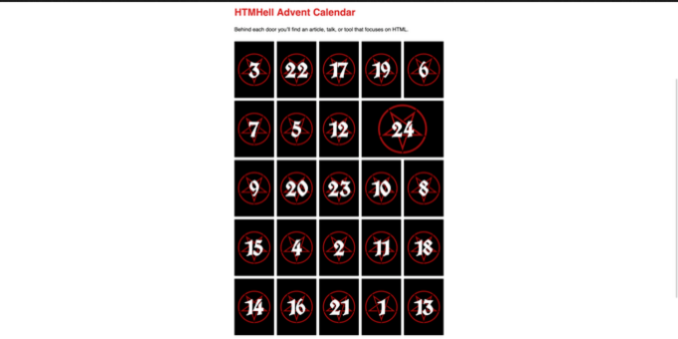 Title in red:
HTML Advent Calendar.
Grid in black cells woth random numbers from 1 to 24 in white on a red star inverted in a red bordered circle.
