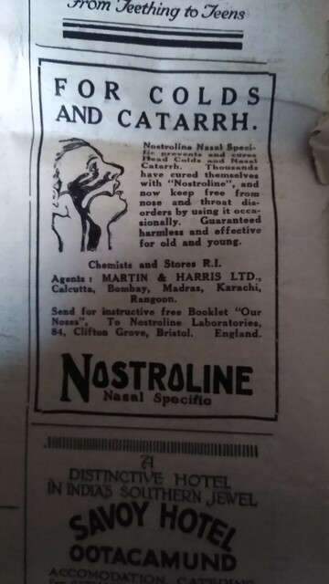 Nostroline for colds and cattarh
Advert for health products from The Times of India Illustrated Weekly (August 15th 1926)