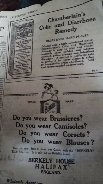 Chamberlain's colic and diarrhoea remedy
And Berkley House female undergarments boutique
Adverts from The Times of India Illustrated Weekly (August 15th 1926)
