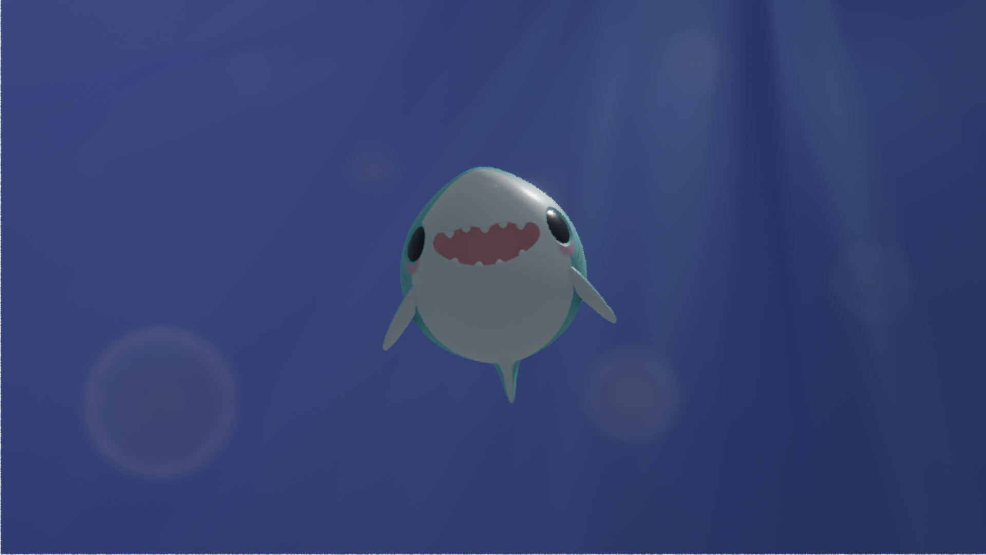 A 3D model of a happy little shark  swimming down toward the camera, with shafts of light in the background