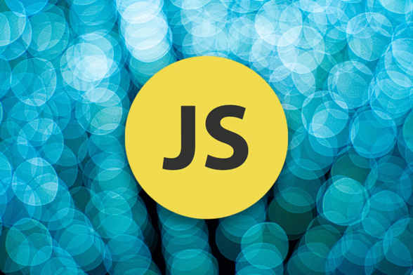 Logo JS on blurred bokeh blue background.