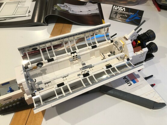 Lego shuttle’s cargo bay with doors open. Still missing the forward cabin. 
