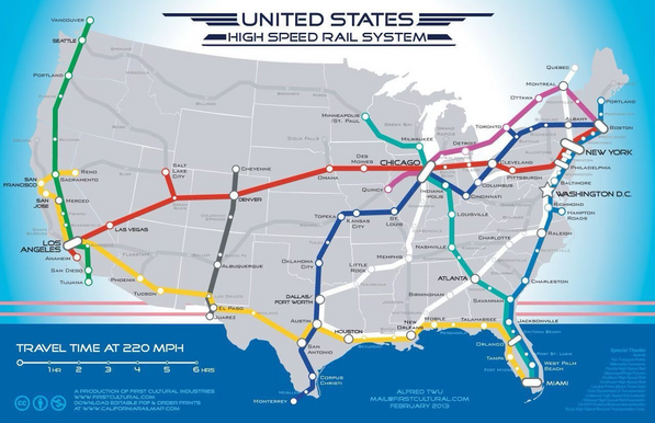 A hypothetical future Map of USA with a TON of high speed rail connecting all major cities. It’s so beautiful. 