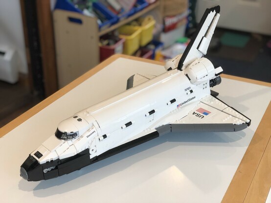 The quarters view of a Lego space shuttle Discovery. 