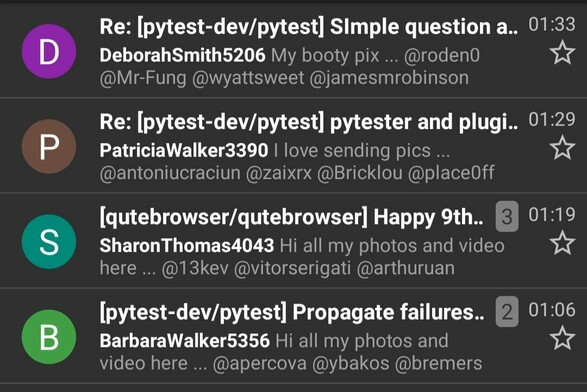 Screenshot of four GitHub notification mail threads, with names like DeboraSmith5206 and content like "My booty pix" or "Hi all my photos and video here", mentioning various random users.
