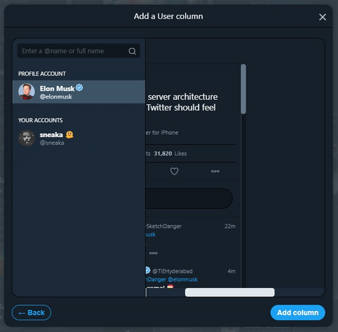 A screenshot of tweetdeck opened on a tweet by @elonmusk@twitter.com boasting about the speed of twitter. There is a horizontal scroll bar scrolled so that the column containing the tweet is obscured by the user interface.