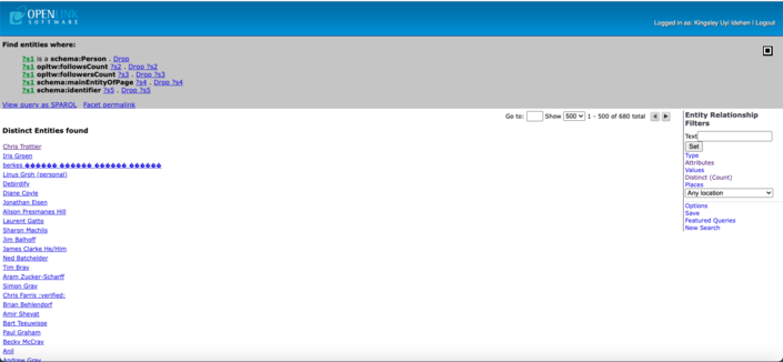 A entity listing produced by filtering on entity attributes.