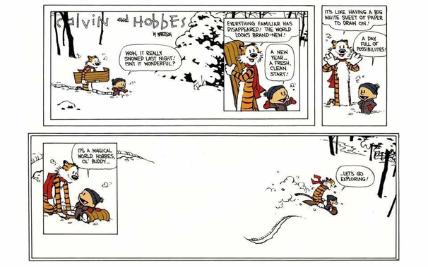 The comic depicts snow everywhere and Calvin and Hobbes excitedly exploring a new unfamiliar world. 