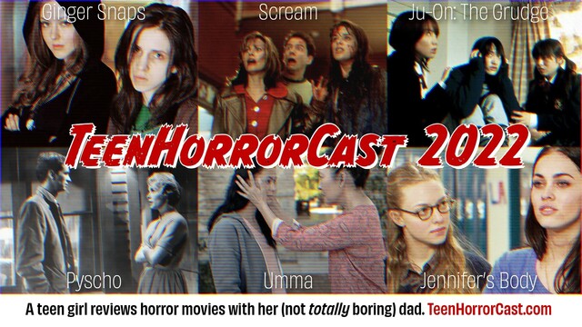 Six still frames from horror movies that have been reviewed on the TeenHorrorCast including: Ginger Snaps, Scream, The Grudge, Psycho, Umma, and Jennifer's Body.