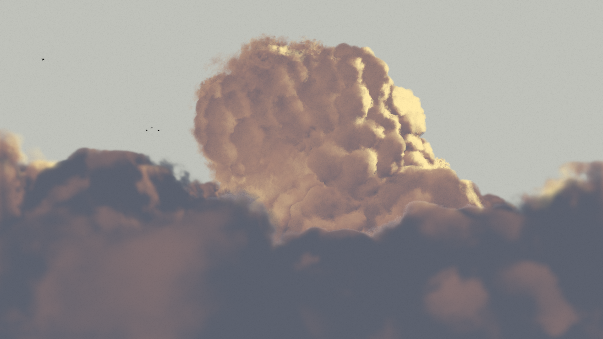 A 3D scene showing a lit cloud billowing above shadowed cloud banks. In the distance, four ravens fly toward it