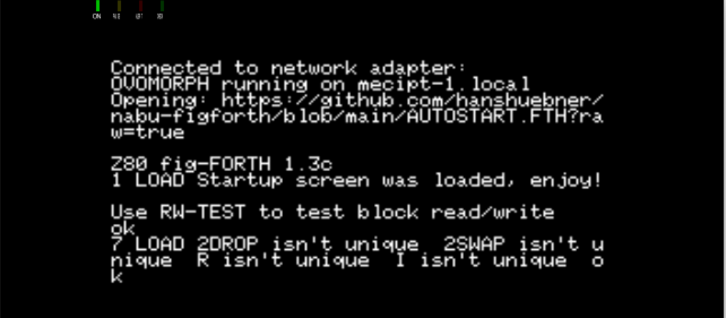 Diagnostic output of fig FORTH on the NABU loading its startup screens from GitHub