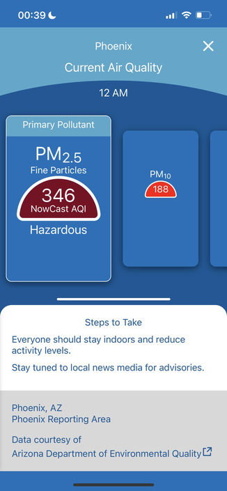 Screenshot of the air quality in Phoenix showing a concentration of 346 PM 2.5 which is hazardous.
